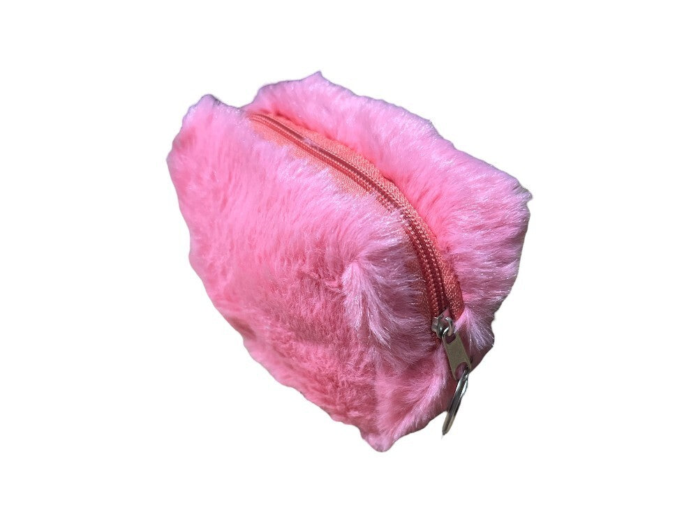 Pink Faux Fur Mini Cosmetic Bag with Zipper & Key Ring - 4.5 Inches