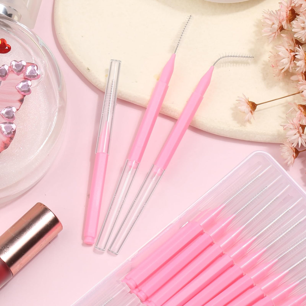 120 Pcs Micro Eyebrow Lash Brush Set with Caps for Makeup & Lamination - Pink