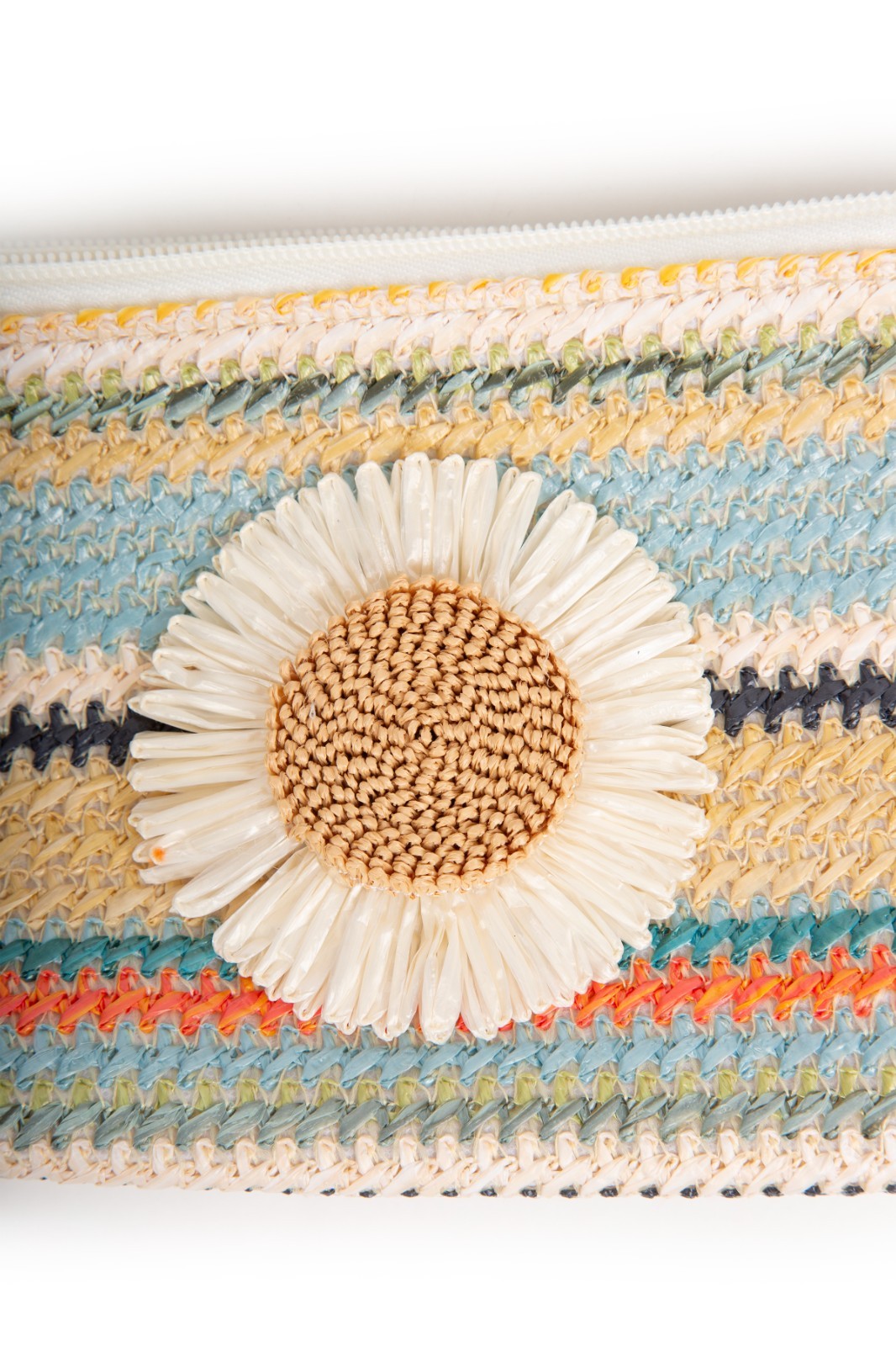 Large Travel Pouch with Multi-Colored Stripes and Daisy Pattern, Zipper Closure