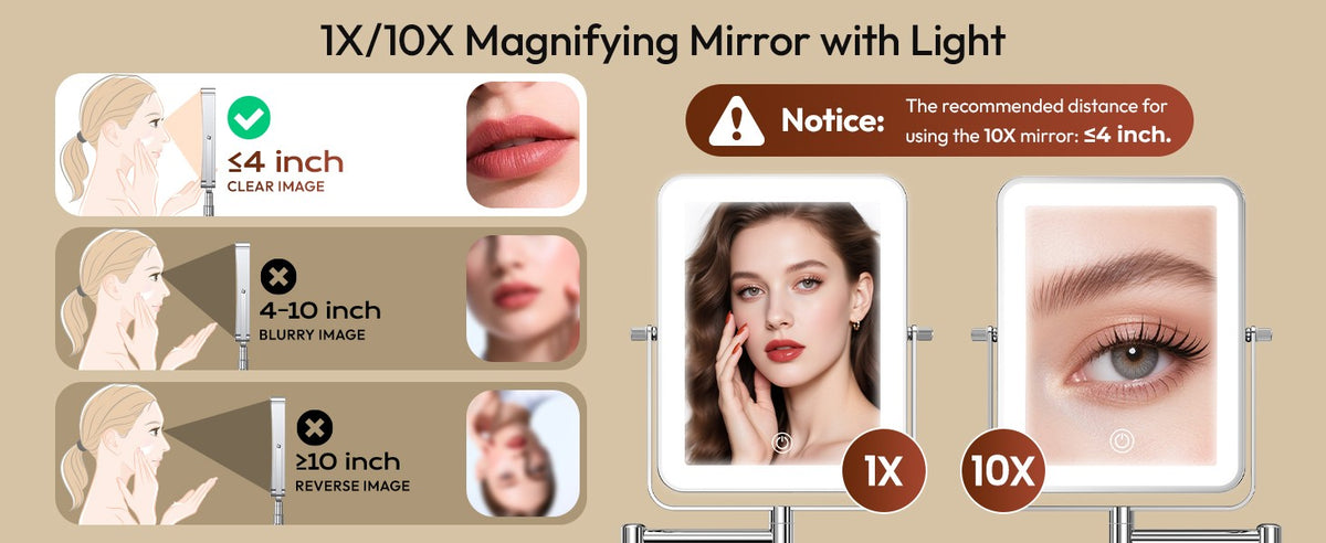 Height Adjustable Wall Mounted Lighted Makeup Mirror with 10X Magnification