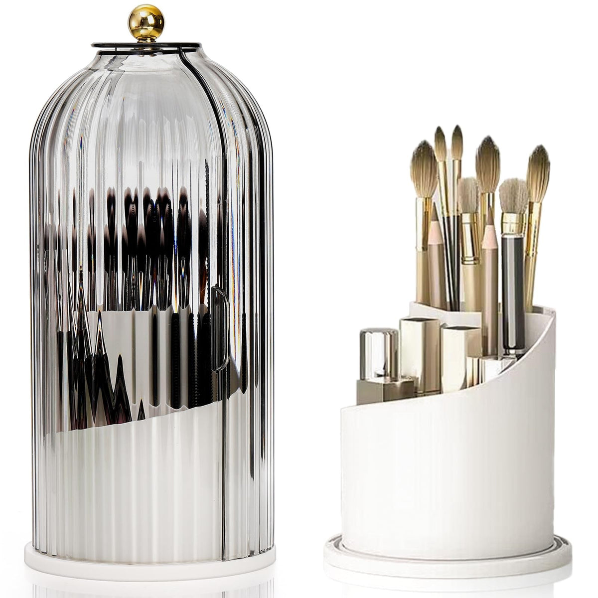 Rotating Clear Makeup Brush Organizer with Lids - Dustproof & Space-Saving