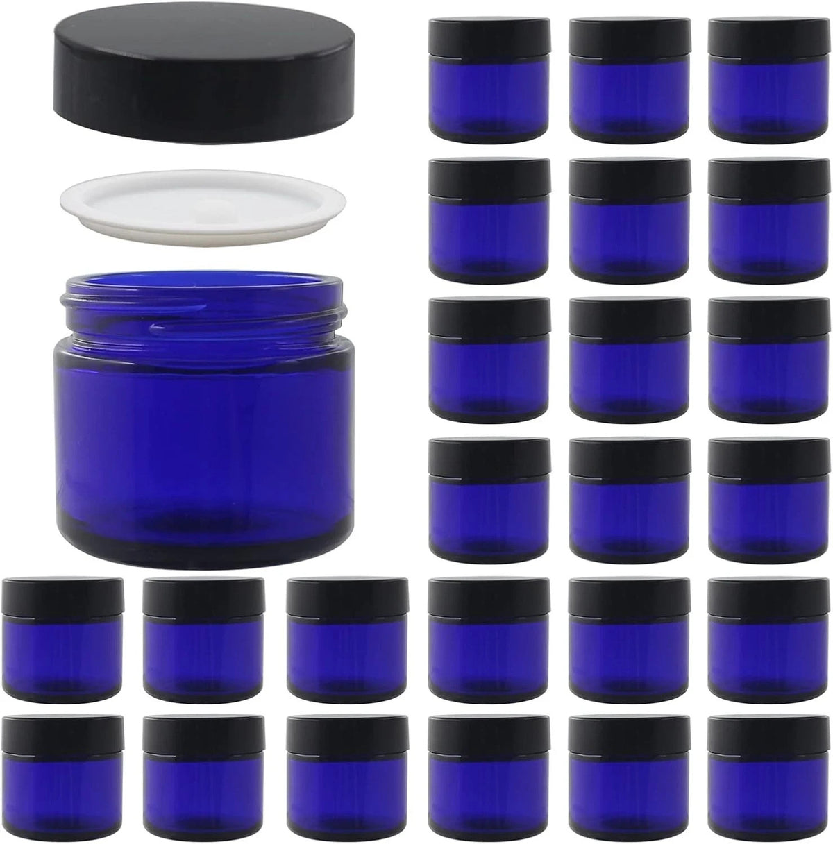 24 Pack 2 oz Blue Glass Cosmetic Jars with Lids & Inner Liners - Travel Refillable Containers