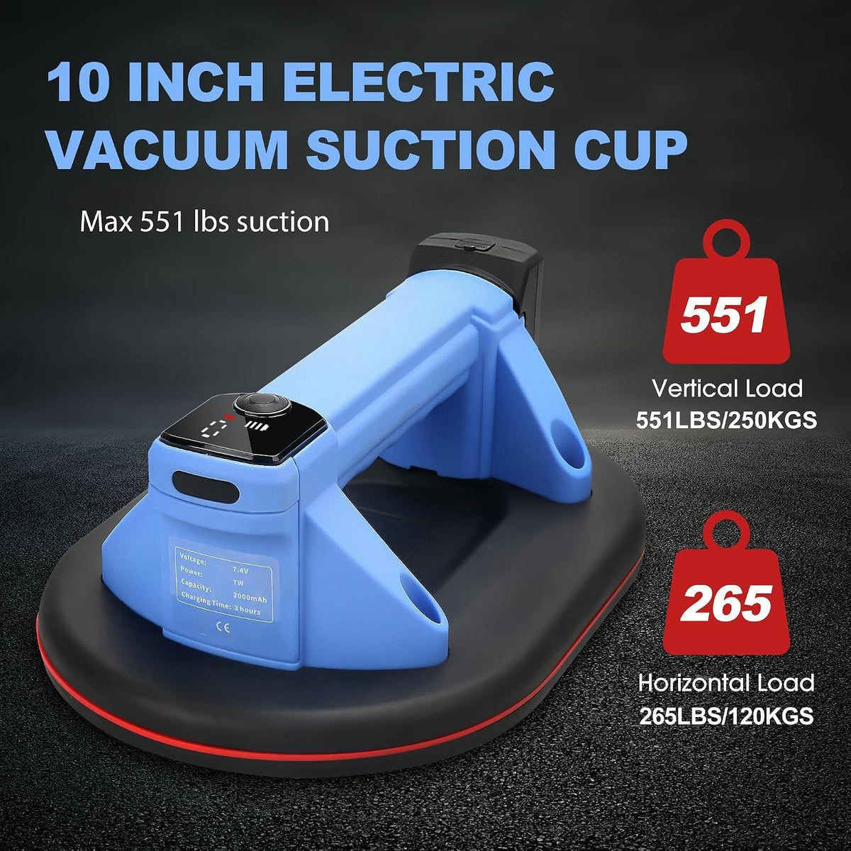 Electric Suction Cup with LED Display 551 lb Load Capacity 10-Inch Base