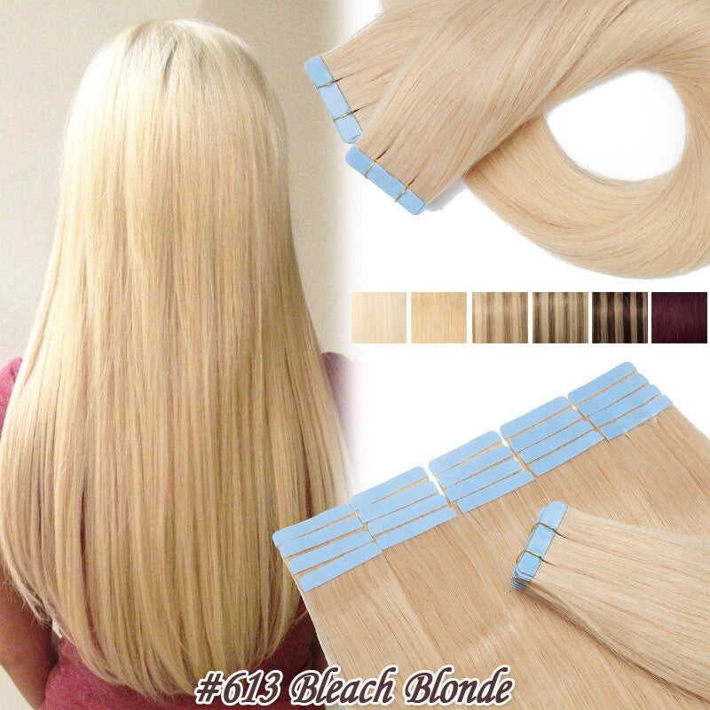 Remy Human Hair Extensions Tape In Seamless Wavy & Straight Full Head Set