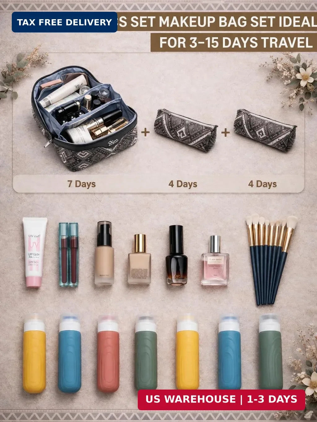 Travel Makeup Bag Organizer Set - Waterproof Leather, Large Capacity, 3-Piece