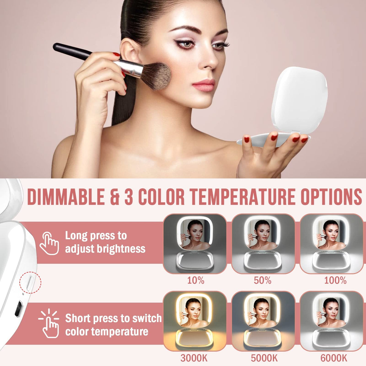 Rechargeable LED Compact Makeup Mirror with 3X Magnification and Adjustable Light