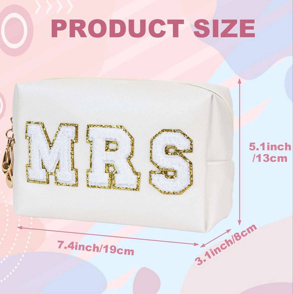Bride Gifts MRS Patch Travel Cosmetic Bag with Varsity Letters Beige & Gold