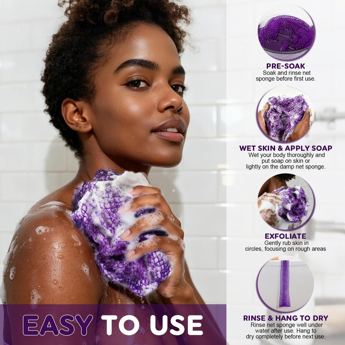 African Net Sponge - Exfoliating Nylon Bath Scrubber, 3-Pack