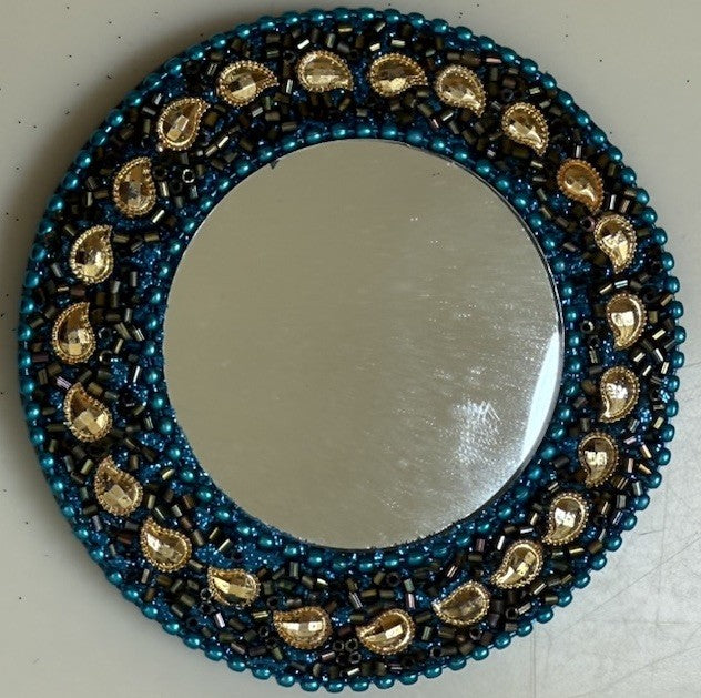 Vintage Beaded Compact Mirror with Teal Beads and Pouch