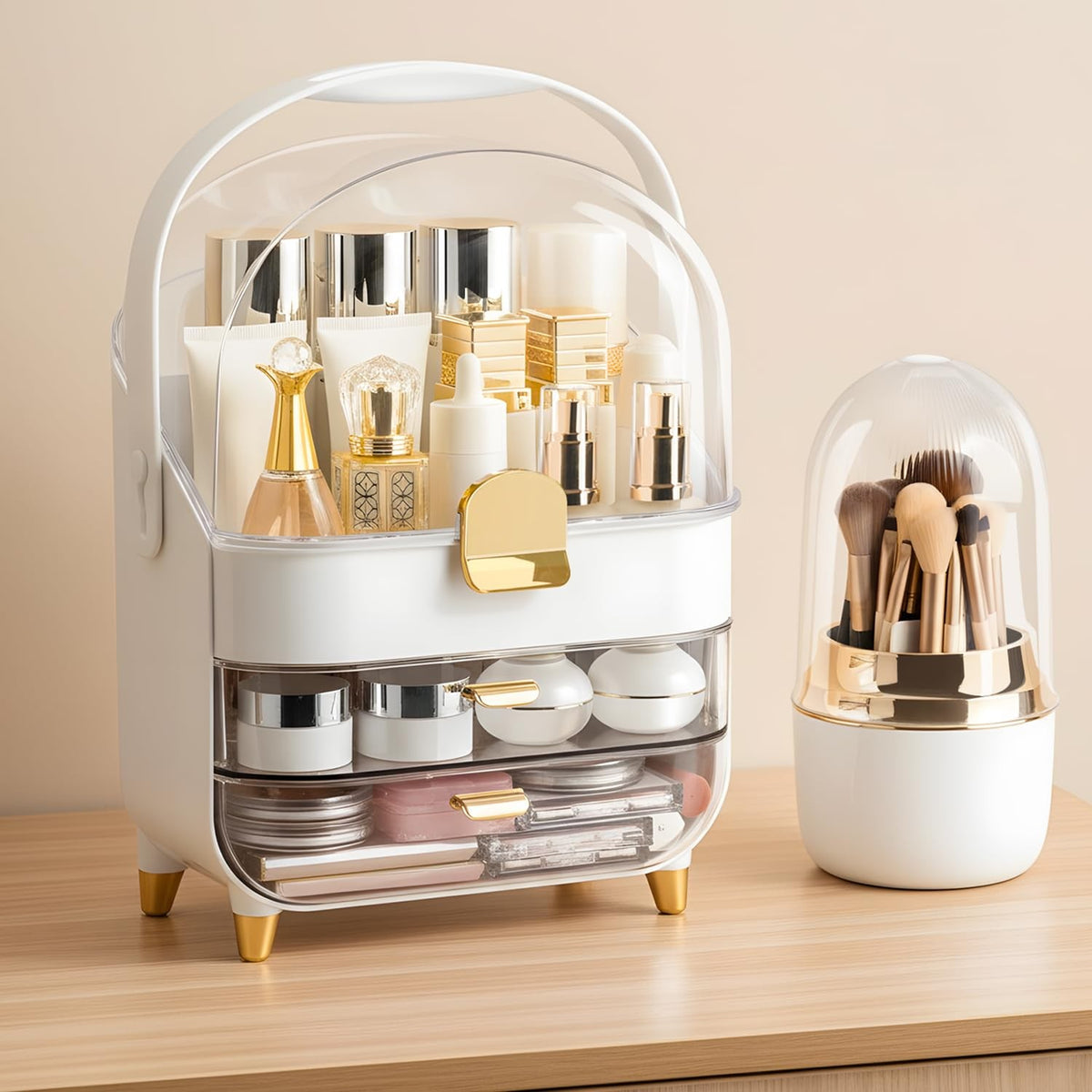 Rose Gold Makeup Organizer with Drawers & Brush Holder for Vanity
