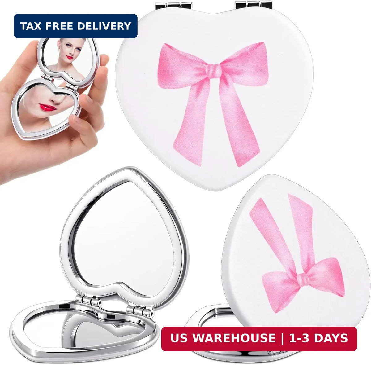 Pink Heart-Shaped Compact Mirror Set for Women & Girls - Cute Aesthetic, Portable Makeup Mirrors, 3 Pack