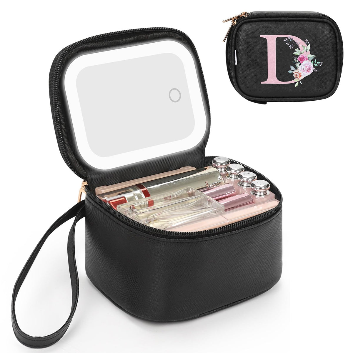 Mini Makeup Bag with LED Mirror - Water-Resistant Travel Cosmetic Organizer for Women and Girls