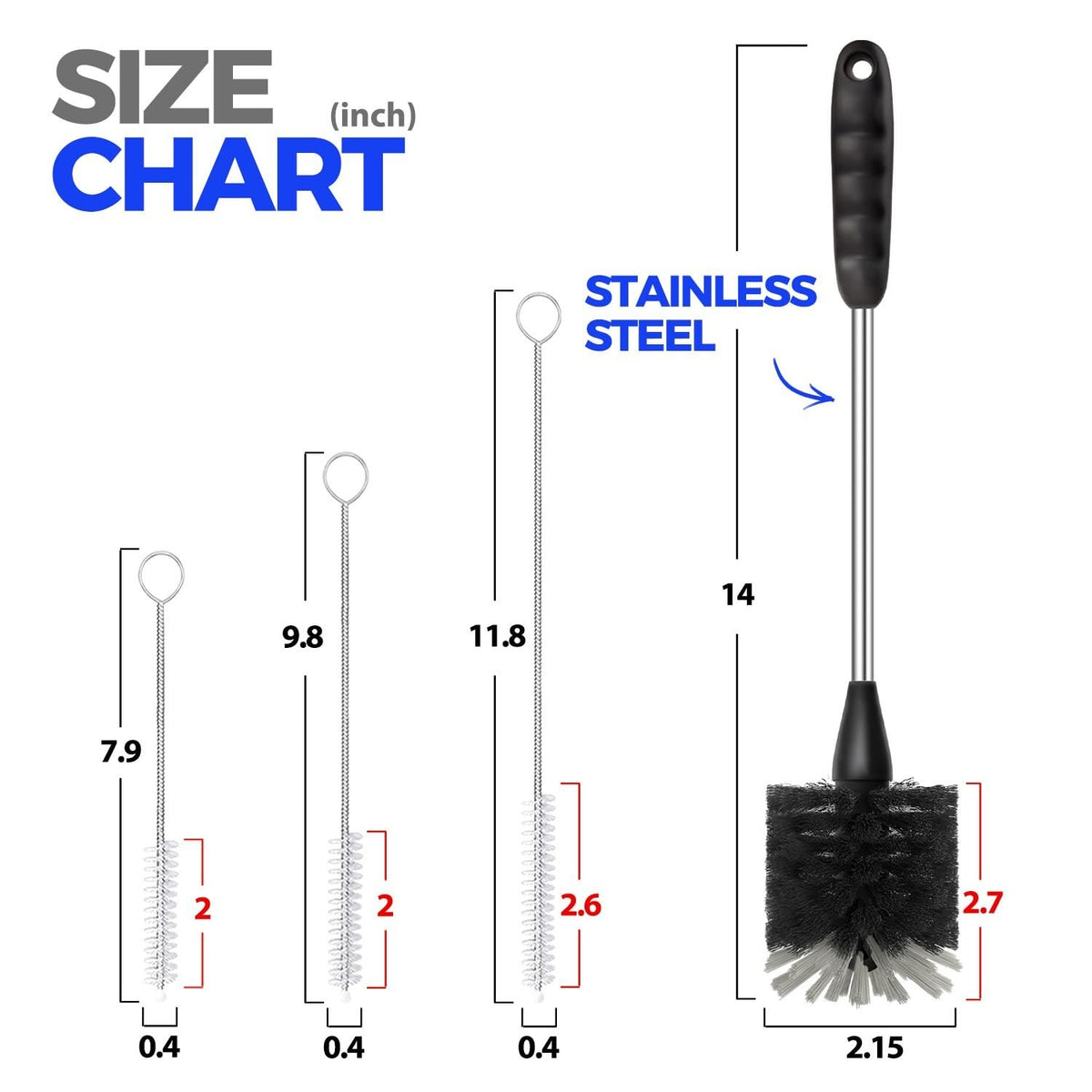 14-Inch Stainless Steel Bottle Brush Set with Long Handle & Straw Cleaners