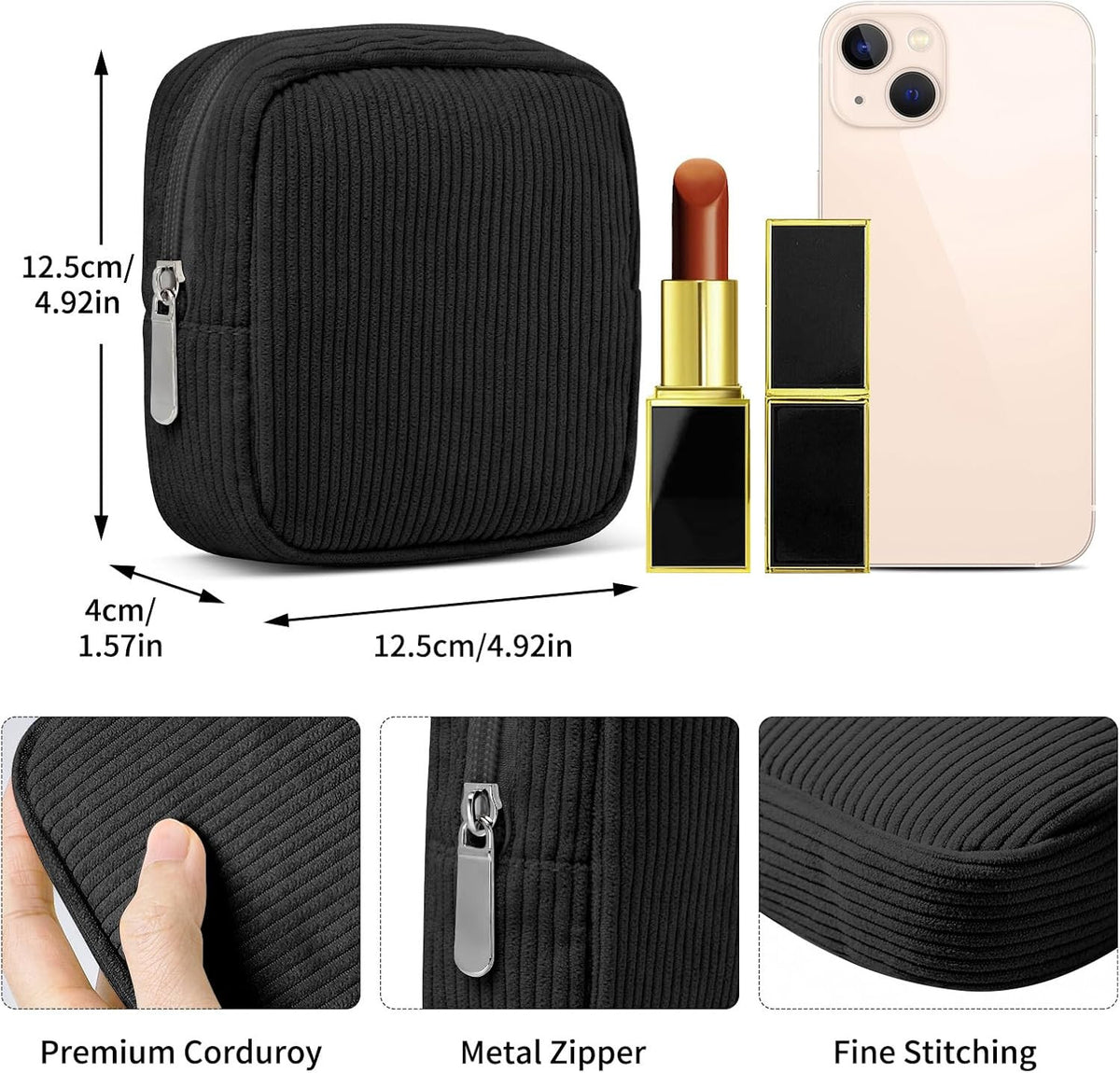 Mini Corduroy Makeup Bag with Zipper — Small Pouch for Purse, Travel