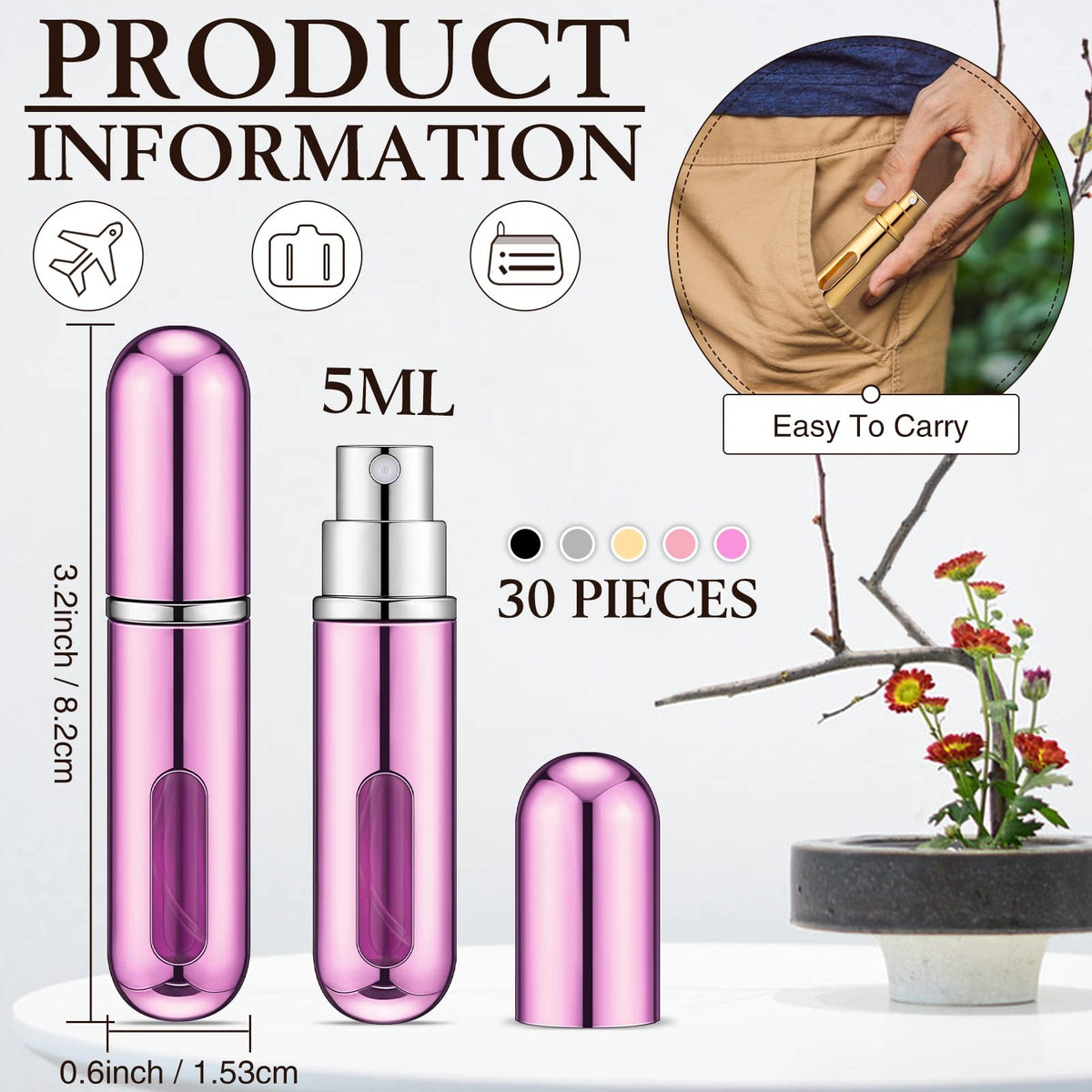 Refillable Perfume Atomizer Set - 30 Mini Spray Bottles for Travel, 5ml Capacity