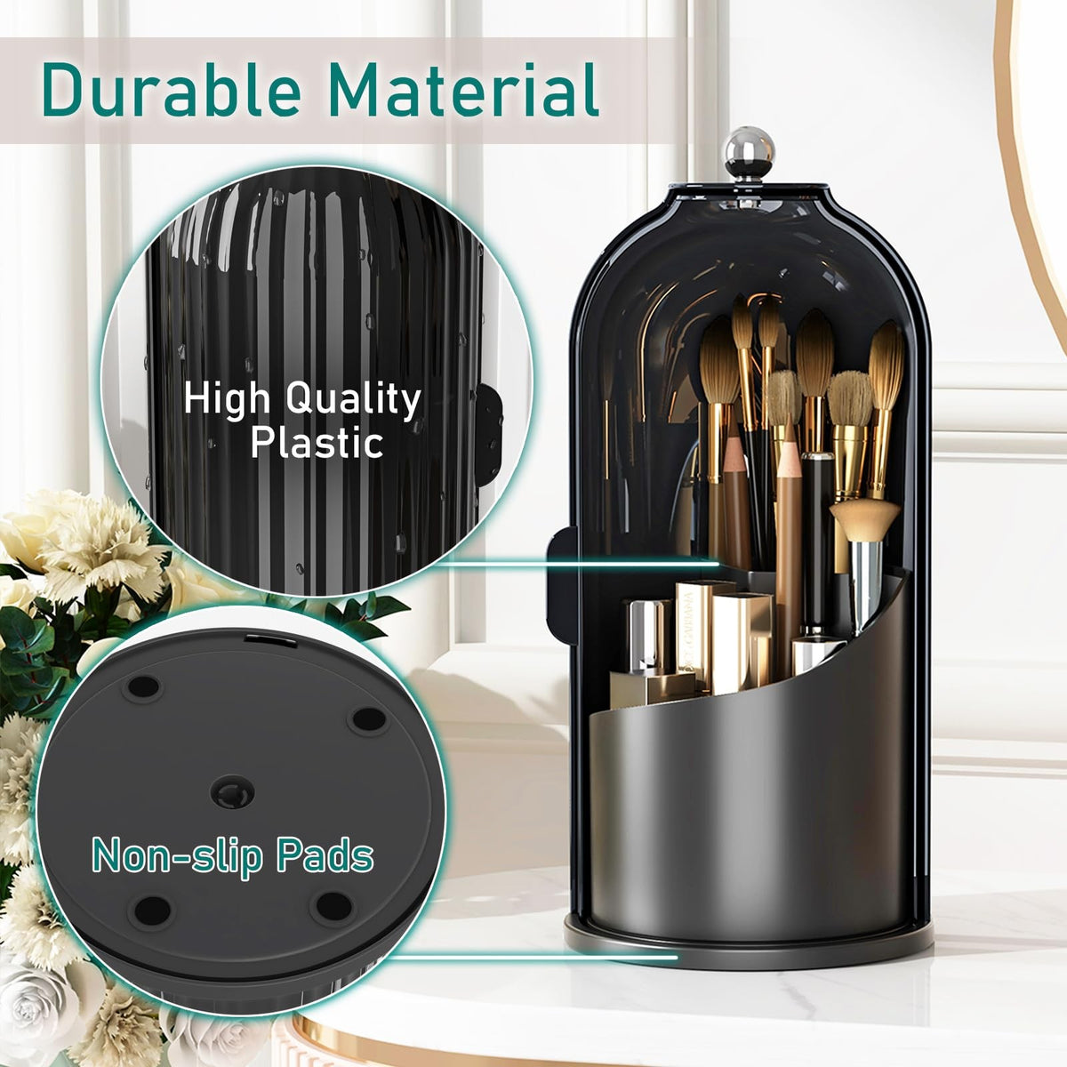 Rotating Makeup Brush Organizer with Lid - Black Cosmetic Storage Caddy