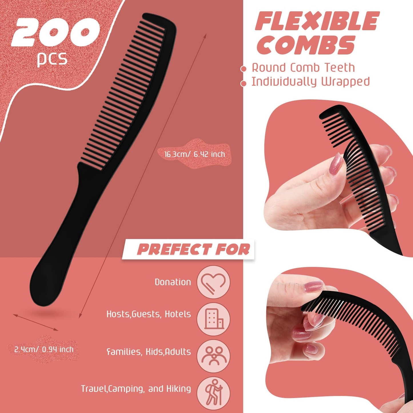 Disposable Hair Combs Set - 200 Individually Wrapped Pocket Style Black