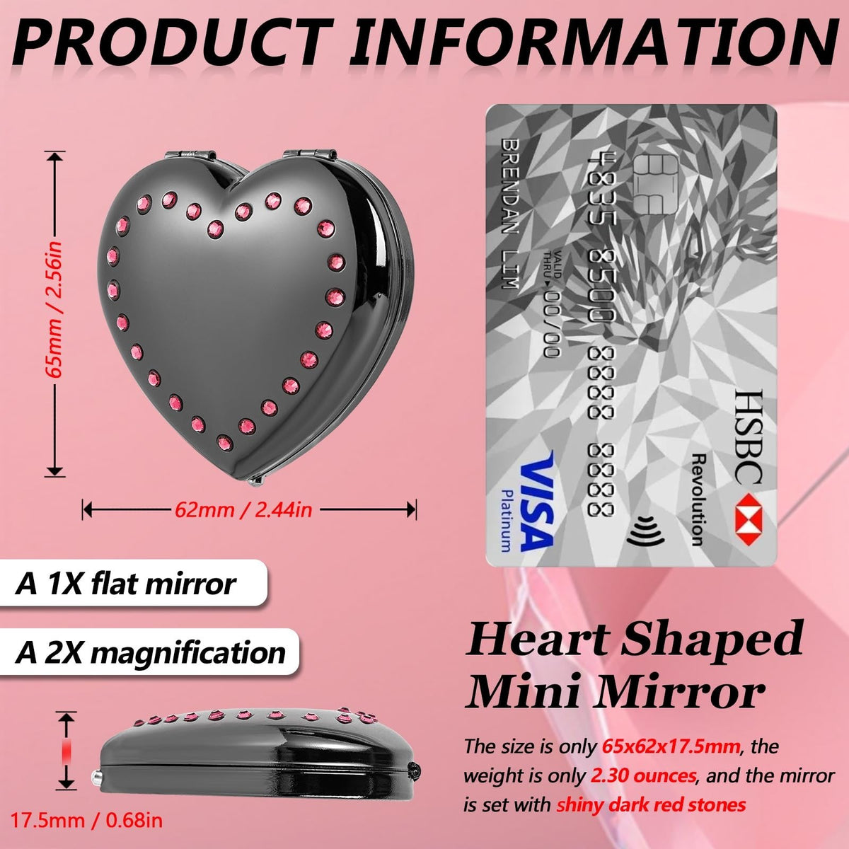 Heart-Shaped Mini Portable Folding Mirror with 1X/2X Magnification