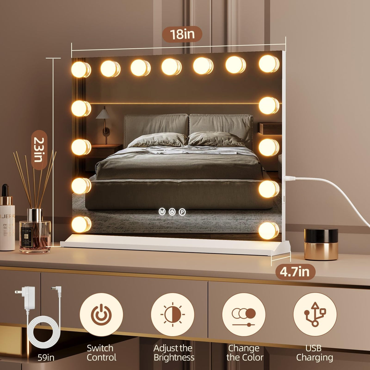 LED Hollywood Vanity Mirror with Lights & 5X Magnifier, USB-C Charging