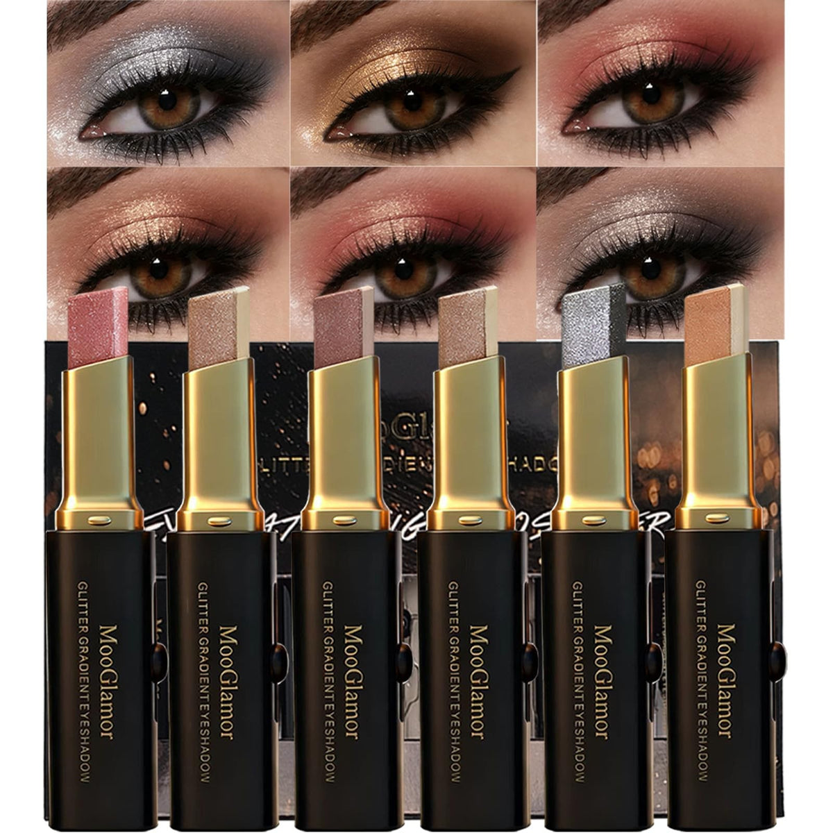 6-Pack Glitter Eye Shadow Sticks - Dual-Color, Waterproof & Smudge-Proof