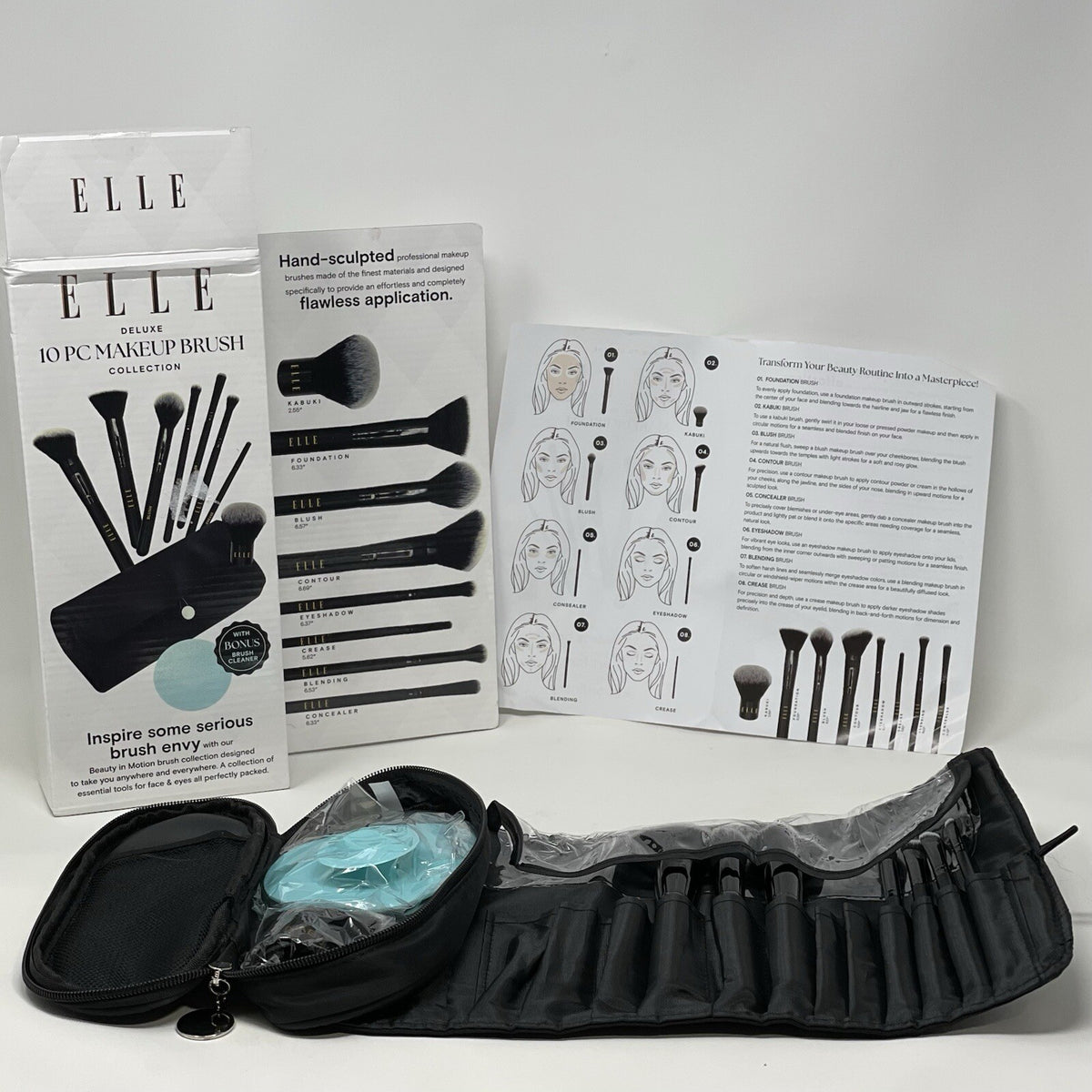 Elle Deluxe 10 Piece Makeup Brush Set with Carrying Pouch - New