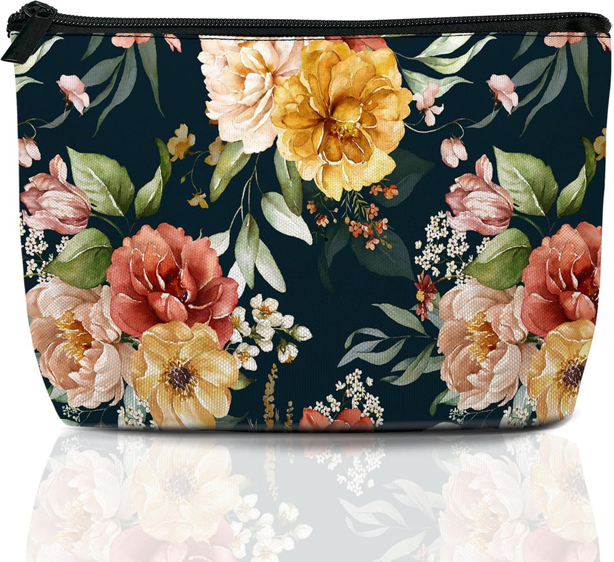 Vintage Pink Flowers Makeup Bag - Travel Cosmetic Bag with Green Leaves, 9.4 x 5.9 x 3.1 in
