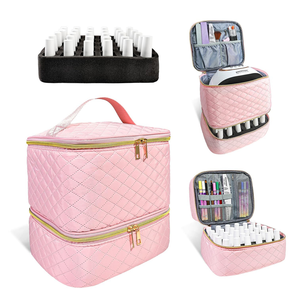 Pink Double Layer Nail Polish Organizer Bag Holds 30 Bottles & Lamp Kit