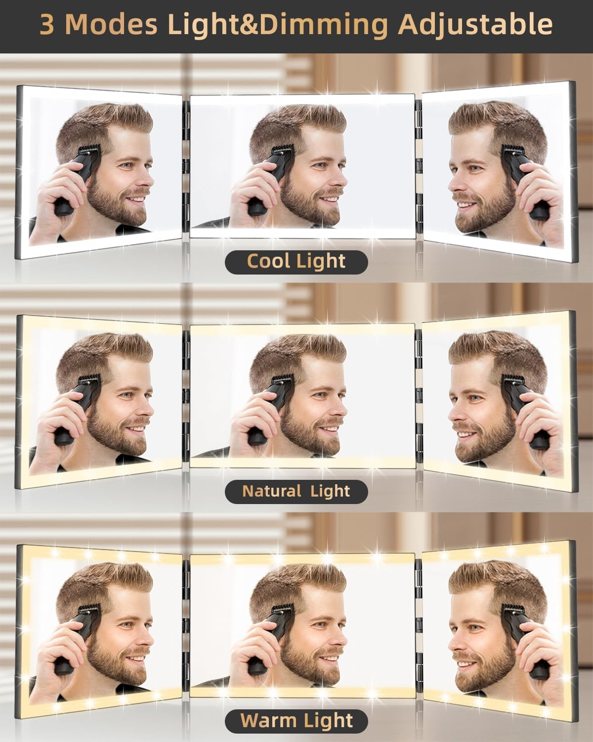 Rechargeable 3-Way Makeup & Hair Mirror with LED Lights, 12x7.7 Inches