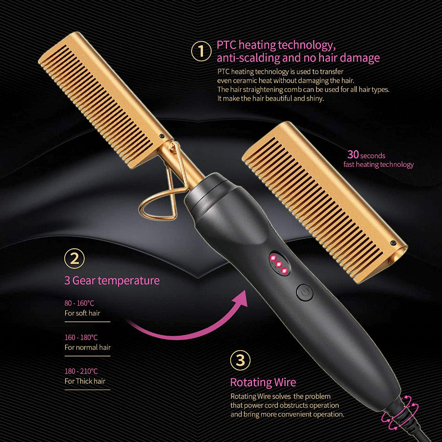 Electric Hot Comb for Hair & Beard Straightening - Ceramic Heated Styling Tool
