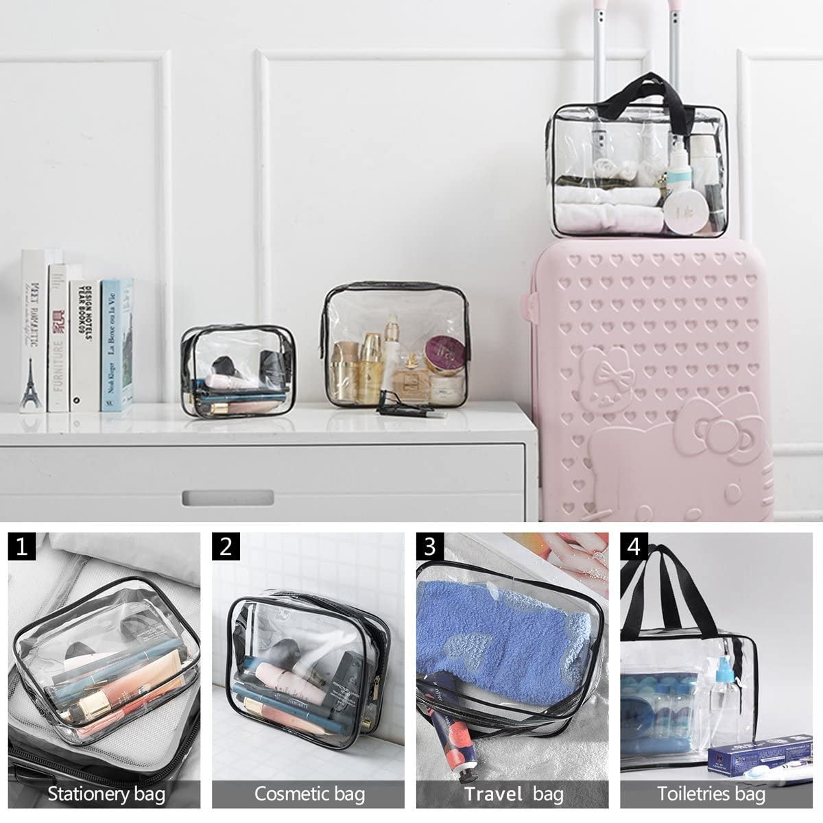 3 Pack Transparent PVC Travel Toiletry Cosmetic Bag Set Waterproof Organizer