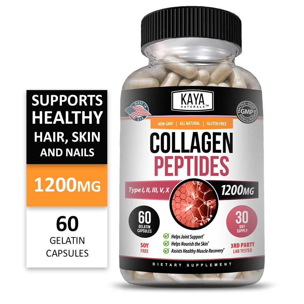 Collagen Peptides Capsules with Hyaluronic Acid - Types I, II, III, V, X 1200mg - 60 Capsules