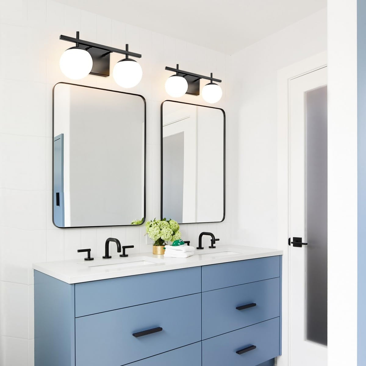 Modern Black Bathroom Vanity Light Fixture with White Frosted Glass - 2 Light