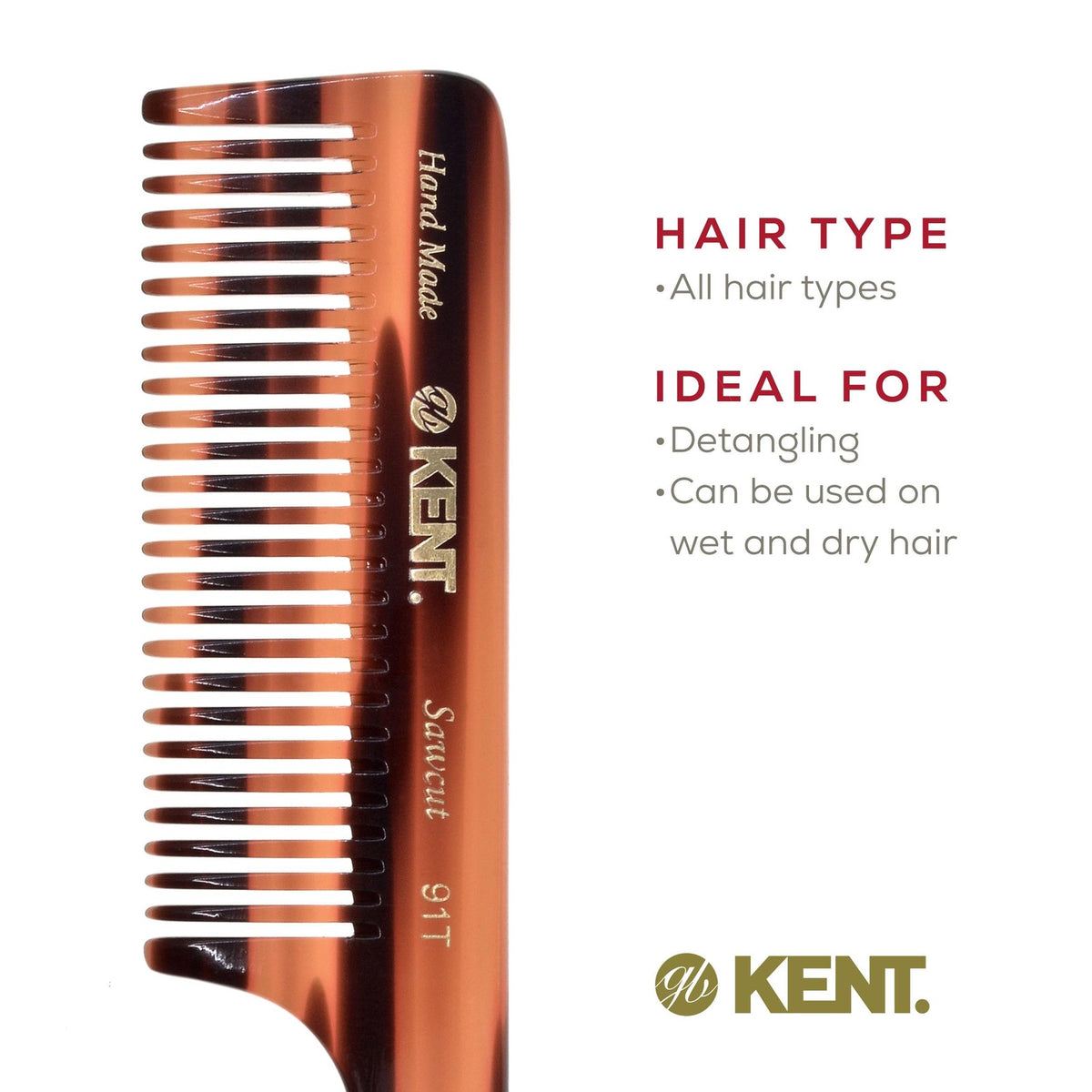 Kent 91T Wide Tooth Detangler Comb for Curly, Wavy, Thick Hair - No