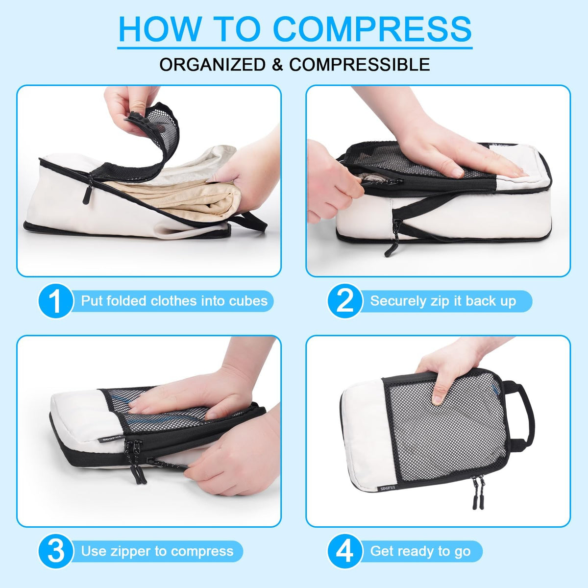 Travel Compression Packing Cubes Set - Lightweight Suitcase Organizers, Beige