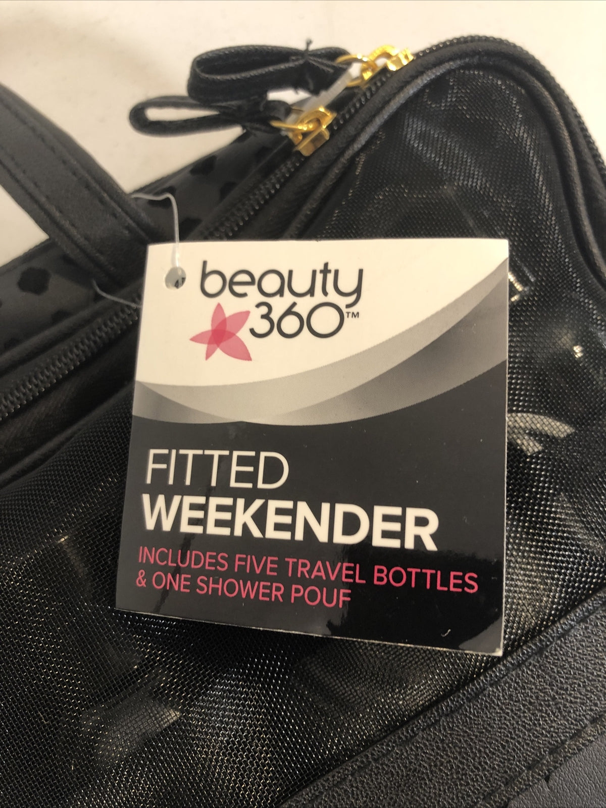 Travel Fitted Weekender Bag with 5 Bottles & Shower Poof - Black