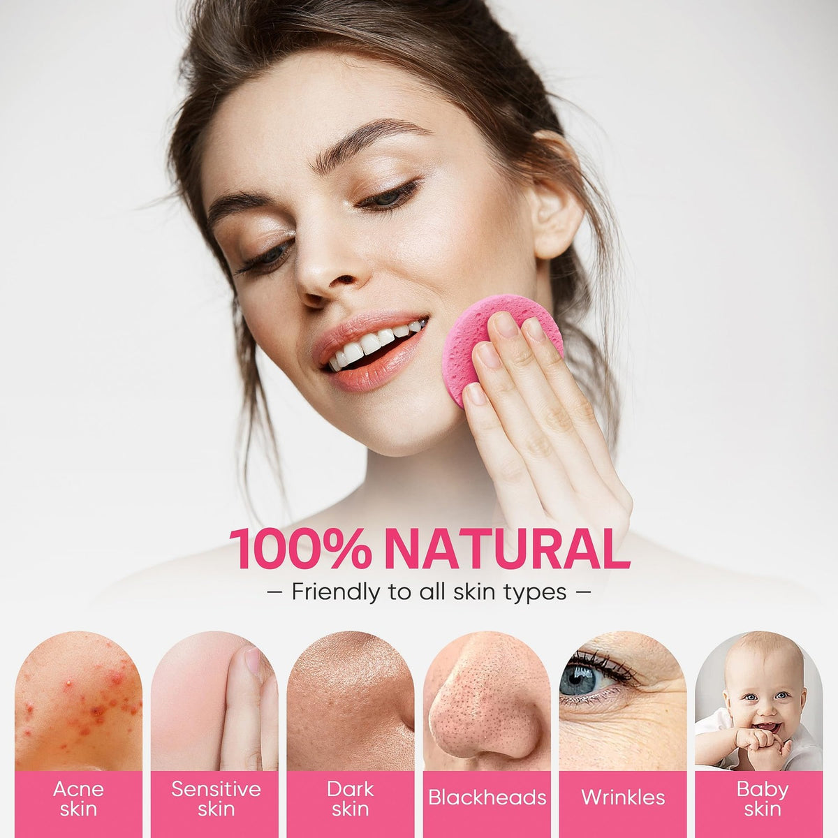 Compressed Facial Sponges - Natural Cellulose, Pink, Pack of 50