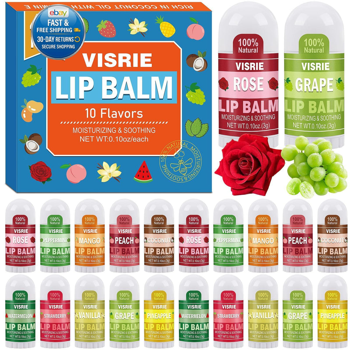 Mini Lip Balm Pack - 40 Assorted Flavors with Vitamin E & Coconut Oil