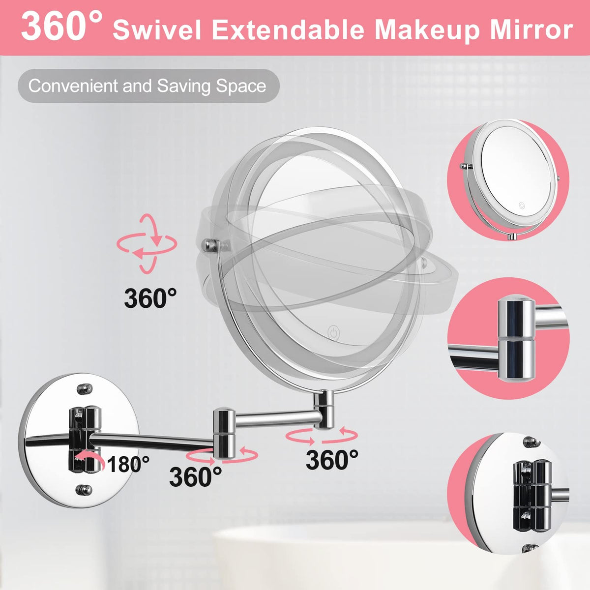 8-Inch LED Wall Mounted Makeup Mirror with 10X Magnification, Adjustable Brightness & 3 Color Modes