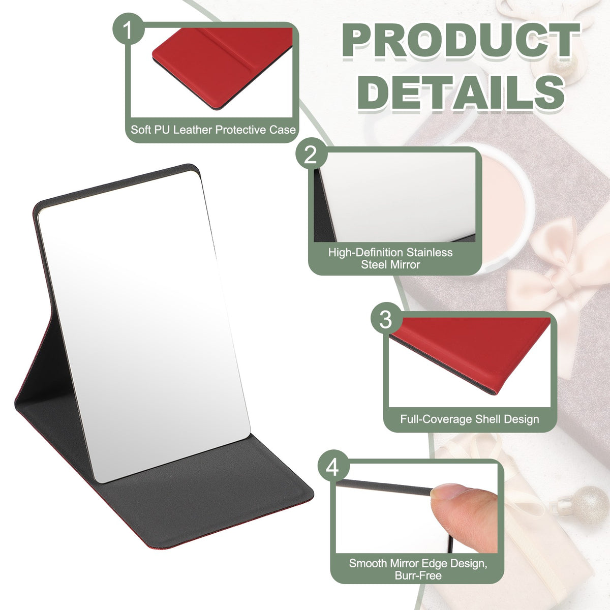 2 Pack Compact Folding Mirror with Case - Red, 3.5 x 2.2 Inches