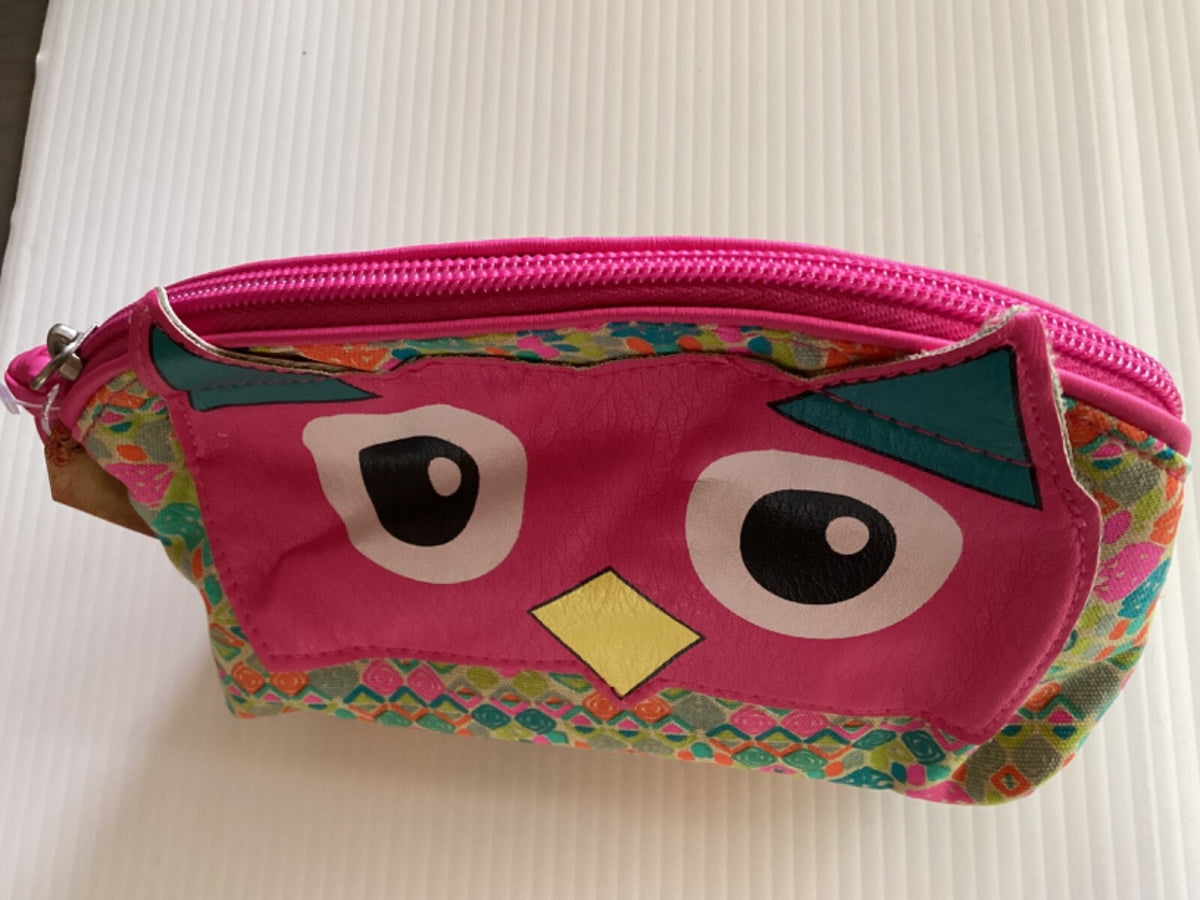 Pink Owl Cosmetic Case - Canvas & Faux Leather Makeup Bag with Zipper, 7 Inches