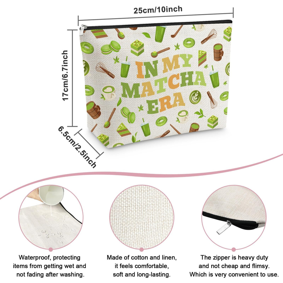 Matcha Themed Makeup Bag for Women - Beige Linen Cosmetic Organizer 25x17cm
