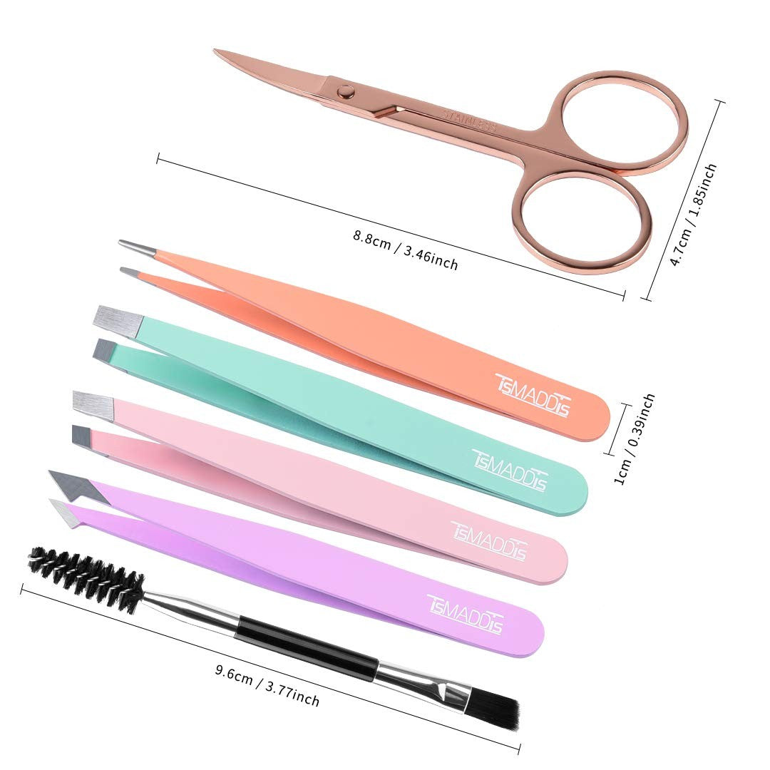 6-Piece Eyebrow Tweezers Set with Curved Scissors & Brush - Multi-Color