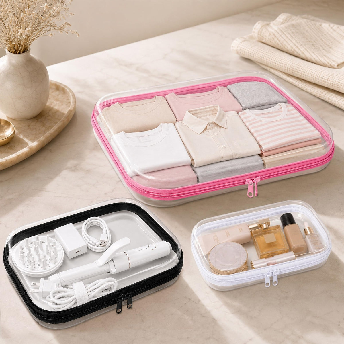 3 Pack Transparent Hard Shell Zipper Cases for Travel and Storage