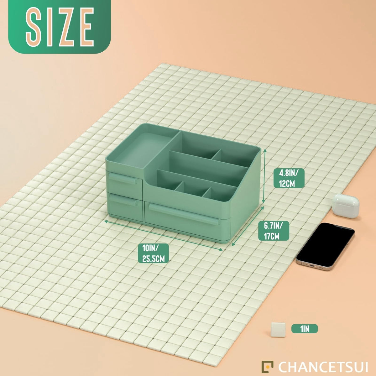 Green Makeup Organizer Countertop with Drawers - Vanity Storage Box
