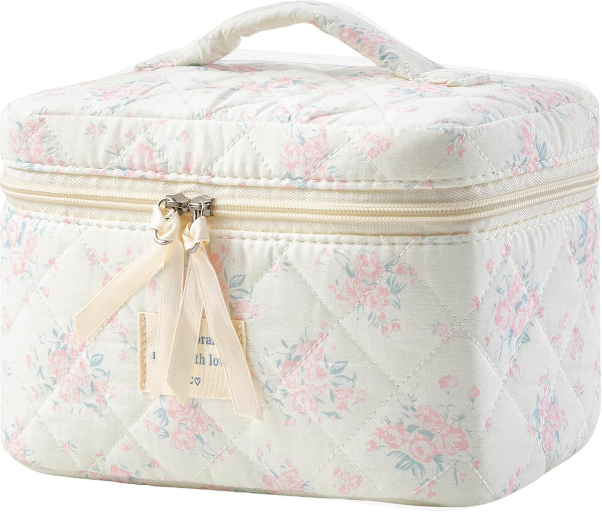 Large Quilted Travel Makeup Bag with Handle - Cotton Cosmetic Organizer