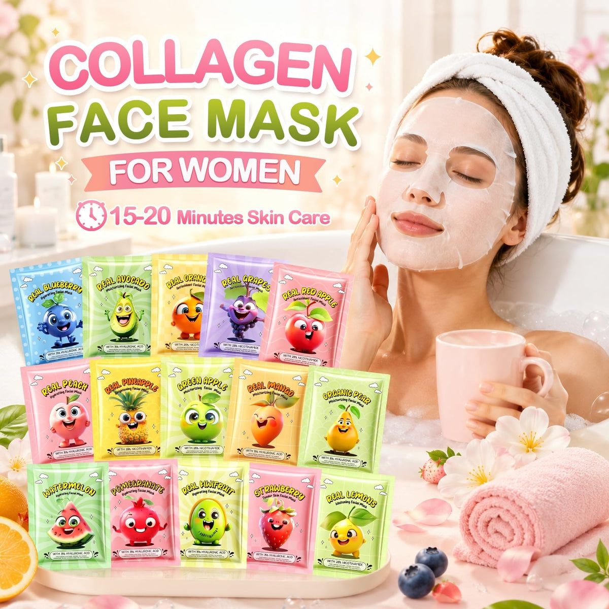 75-Pack Collagen Face Masks - 15 Fruit Flavors