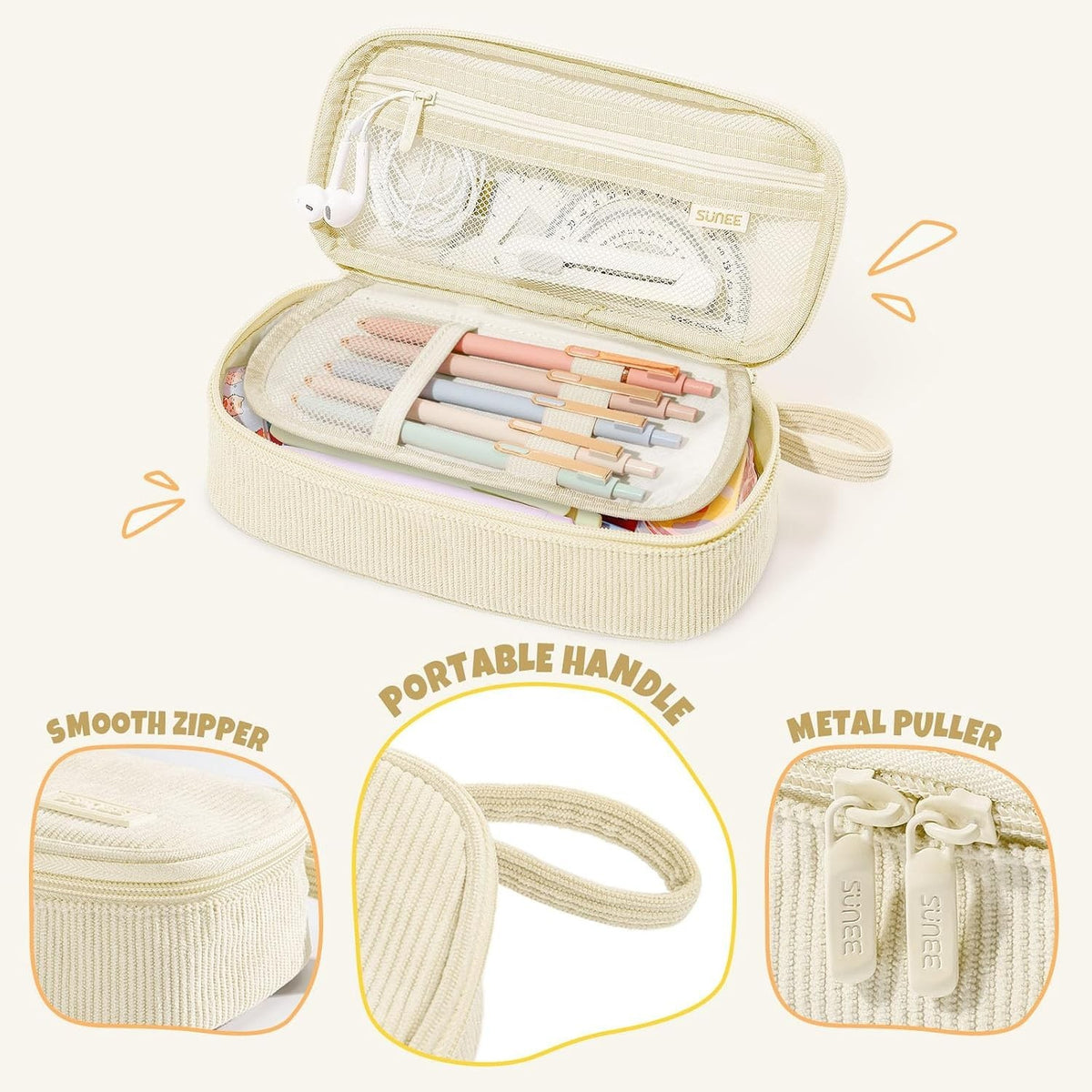 Beige Corduroy Pencil Case with Zipper - Spacious Stationery Organizer