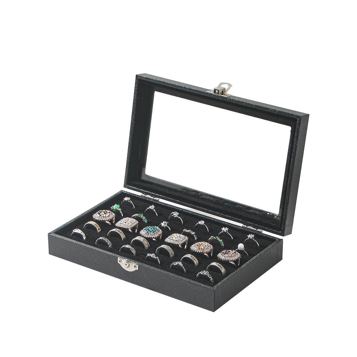 Jewelry Ring Organizer Box with 30 Slots, Clear Glass Lid, Portable Black Velvet Storage