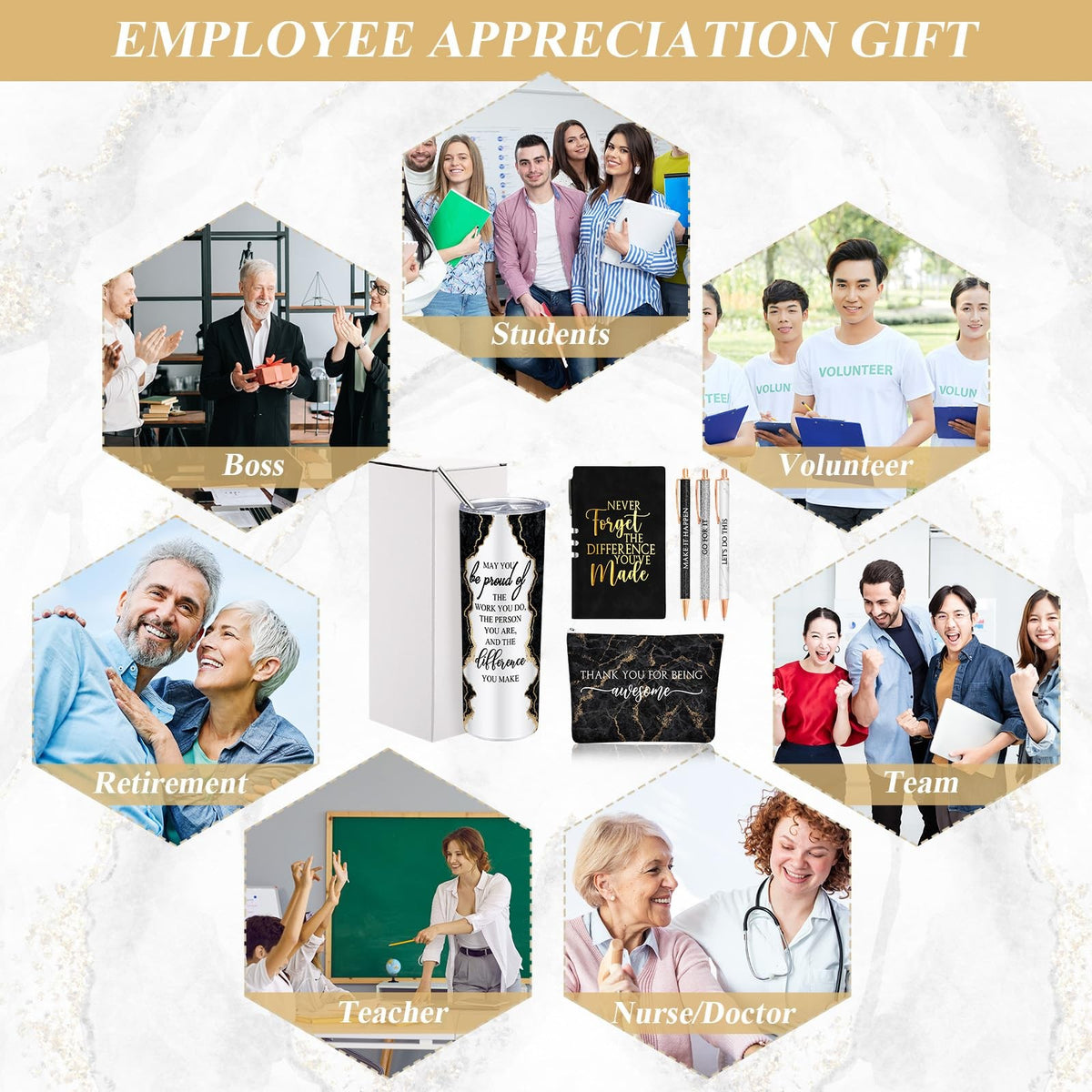 Employee Appreciation Gift Set for Women - Stainless Steel Tumbler Notepad & Makeup Bag