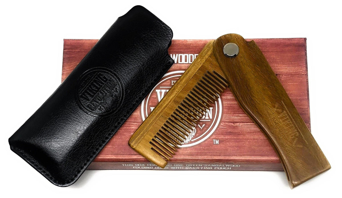 Folding Beard Comb with Wooden Teeth - Small Green Portable Grooming Tool